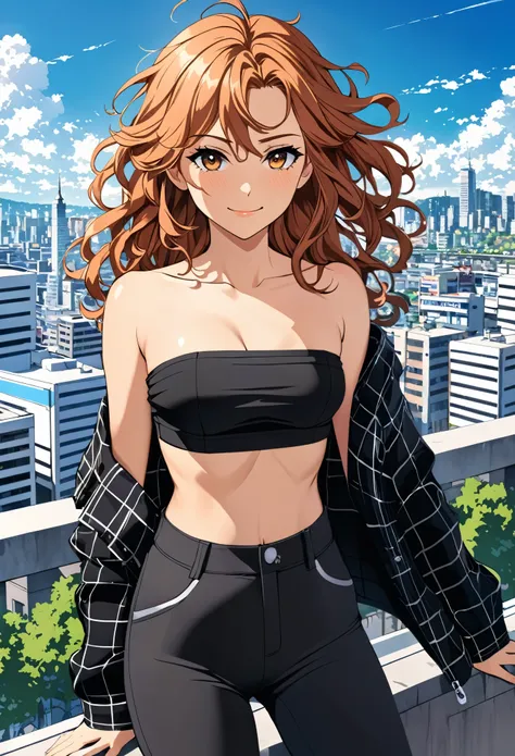 (masterpiece), (high resolution, 8k), (high detailed), women, lean body, (long waist length wavy messy hair, beautiful face, (close mouth:1.2), tired smile, sexy strapless top with black flannel outerwear, leggings pants, mid day cities background, anime s...