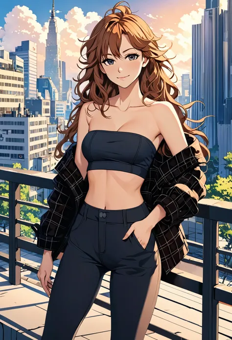 (masterpiece), (high resolution, 8k), (high detailed), women, lean body, (long waist length wavy messy hair, beautiful face, (close mouth:1.2), tired smile, sexy strapless top with black flannel outerwear, leggings pants, mid day cities background, anime s...