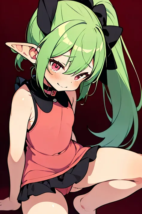 (toddler:1.4), (chibi girl), moe style:1.2, lewd, transgressive art, succubus, Embarrassing face, blushing, (green hair:1.5), (ponytail hair:1.5), facing us, smiling, red eyes,(skinny:1.4), empty eyes, wet shiny skin, short elf ear, ((pink dress,tight shor...