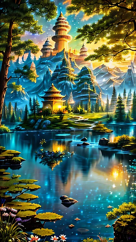 Create an image of Kinkaku-ji (Golden Pavilion) set in a high-fantasy world. The Golden Pavilion should be depicted as a magnificent, golden palace with intricate, otherworldly architecture that stands out in a lush, magical landscape. Surround it with an ...