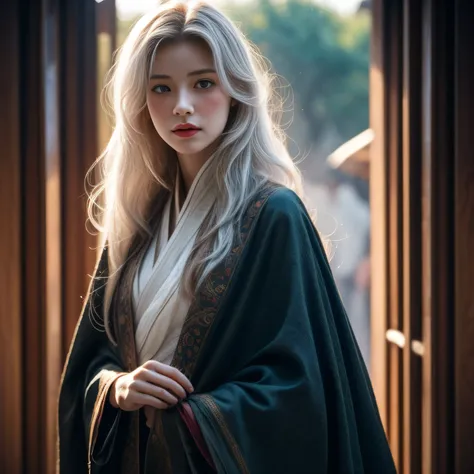 photorealistic, masterpiece, photorealistic, high resolution, soft light, hips up, blue eyes, white hair, long hair, Intricate details EABA, cloaks, short hand-fan, Royal Poet, Hanfu, dandy, floating cloak in wind, sunset