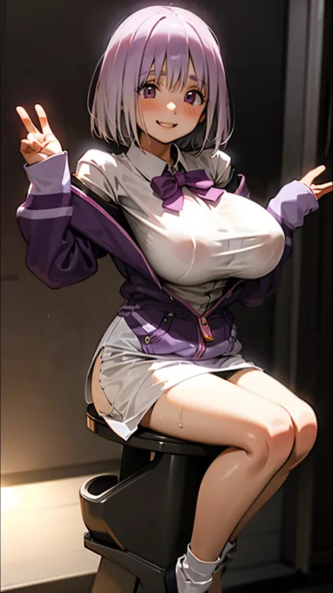 Shinjo Akane、Light purple hair、short hair、Big Breasts、Wet、blush、smile、