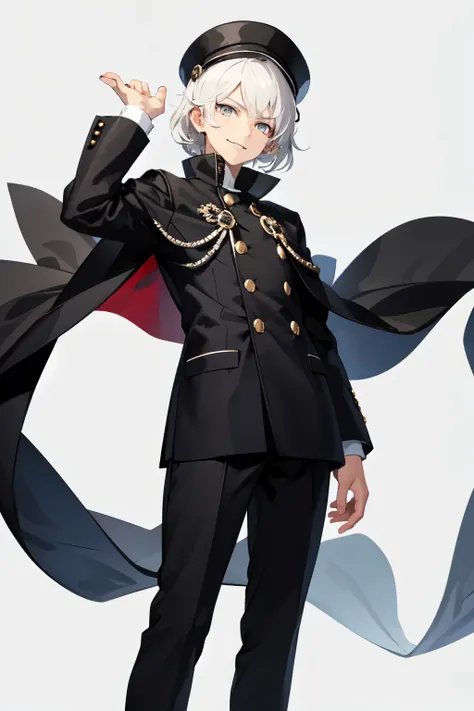 best quality, Full-HD femboy,1boy,evil smiling, standing, bob hair,white hair, silver eyes, tall, 20-year-old，japanese school uniform，gakuran((black color)(one row button))，slacks(black color)，school uniform，cape((black color)(long))，Bankara Mantle，Student...