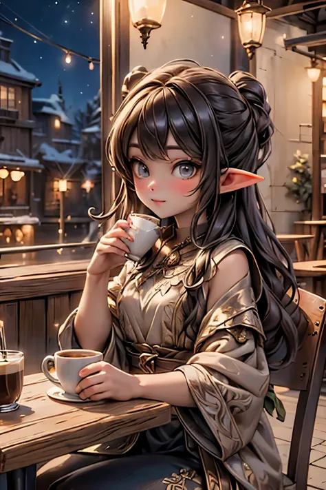 best quality, masterpiece, elves drinking coffee at a coffe shop, night coffee shop,