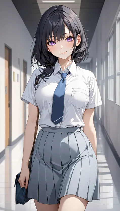 (high res, 8K, masterpiece, looking at viewer, best quality, very aesthetic, ultra detailed, ultra background, ultra Eyes) intricate details, 1girl, Yuki Suou, White short-sleeved shirt, left breast pocket, light blue gray skirt, light blue gray tie, Long ...