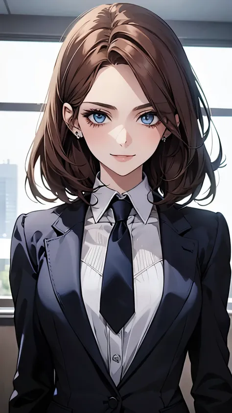 (Highest quality,High resolution,Very detailed),1 girl, Beautiful and elegant light blue eyes, Brown Hair, Cold Smile,Bob Hair, Wearing a suit, Mature Woman, Age 25,Cruel smile, Calm and Calm, Slim figure, Pale complexion, thin, Calm, secretary,graduate Sc...