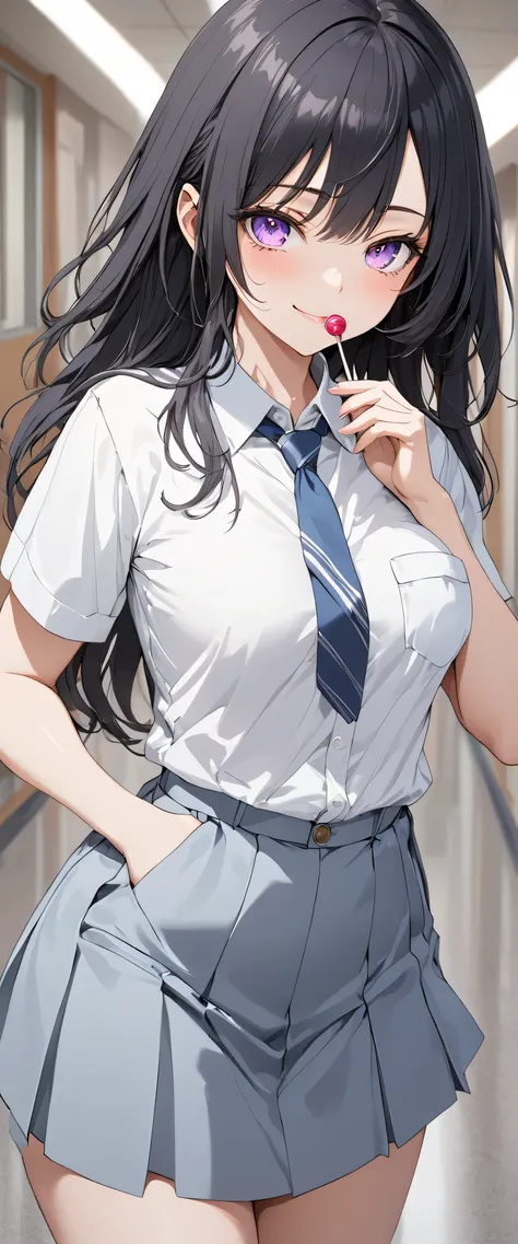 (high res, 8K, masterpiece, looking at viewer, best quality, very aesthetic, ultra detailed, ultra background, ultra Eyes) intricate details, 1girl, Yuki Suou, White short-sleeved shirt, left breast pocket, light blue gray skirt, light blue gray tie, Long ...