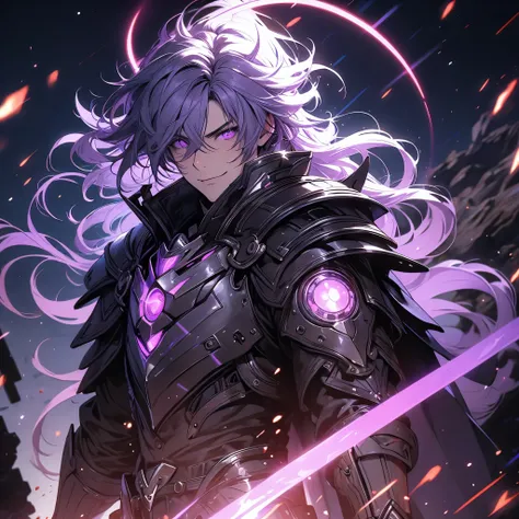 ((masterpiece)), (best quality), (ultra-detailed), (best illustration), (best illumination), photorealistic, 1boy, solo, long hair, lilac hair, lilac eyes, black armor, lilac armor, multicolored armor, hammer hero, crazy, metal halo behind, dark aura, obse...