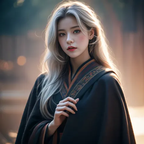 photorealistic, masterpiece, photorealistic, high resolution, soft light, hips up, blue eyes, white hair, long hair, Intricate details EABA, cloaks, short hand-fan, Royal Singer, Hanfu, dandy, floating cloak in wind, sunset