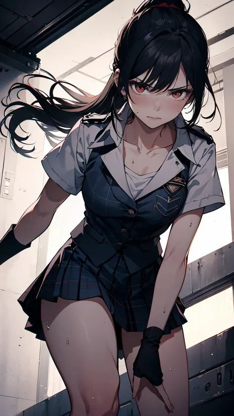 ,{{from below:1.6 }},Dynamic composition、Dutch Angle,,{{masterpiece}}, {{{Highest quality}}},{{Very detailed}},fighting pose,kitagawa marin,red eyes, plaid skirt,white shirt, Black hair, long hair, ponytail, female detective, combat stance, high socks, (Re...