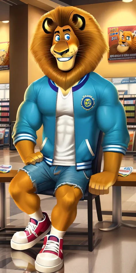 Alex the Lion, muscular body, big biceps, extremely beautiful and cute face, perfectly detailed blue eyes with perfectly detailed pupils, wears white t-shirt, cyan varsity jacket, denim cargo shorts, sneakers, hands in pockets, shopping centre background, ...