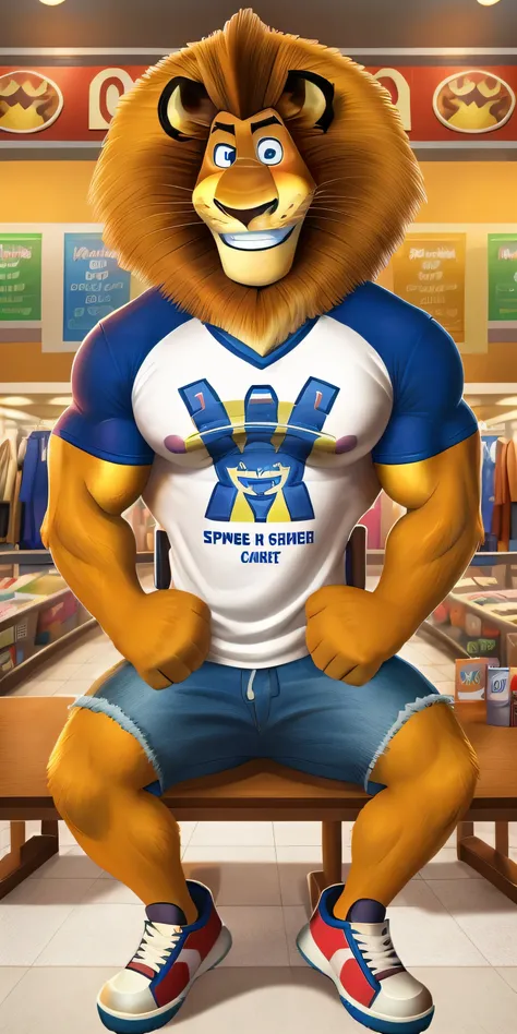 Alex the Lion, muscular body, big biceps, extremely beautiful and cute face, perfectly detailed blue eyes with perfectly detailed pupils, wears white t-shirt, cyan varsity jacket, denim cargo shorts, sneakers, hands in pockets, shopping centre background, ...