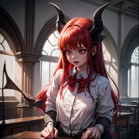 a Baby demonic girl in school uniform with horns, red hair, 4k, highly detailed, cinematic lighting, dramatic pose, hyper realistic, photorealistic, intricate details, volumetric lighting, chiaroscuro, moody atmosphere, dark fantasy, occult, mystical, supe...