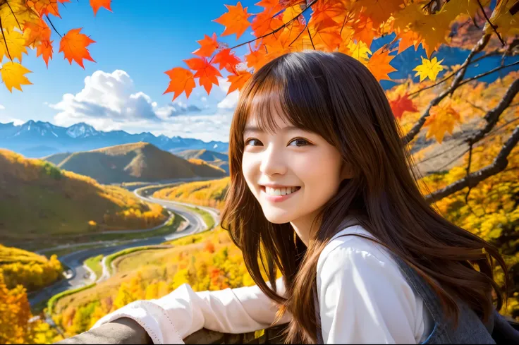 Highest quality　masterpiece　detailed　A very cute girl is smiling and looking at a valley with beautiful maple leaves　Photo style　Fantasy　Fantasy