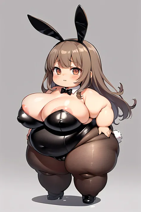 ((Highest quality)),(kawaii:1.2) break (Full body chibi character:1.6), (Big Head),cute break obese break (Light brown hair),Side tail hair,((Bangs Bangs)) break 汗,Ahegao,よだれ break (back shot:1.4),(playboy bunny),black leotard,pussy juice break (saggy brea...