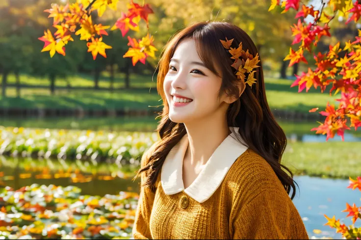 Highest quality　masterpiece　detailed　A very pretty woman is smiling and looking at the vibrant autumn foliage around a green pond　Photo style　Fantasy　Fantasy