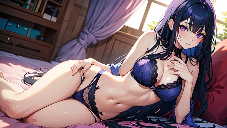 sensual girl, sexy with clothes, big boobs, extra long dark blue hair, dark blue hair, pink eyes, purple lingerie