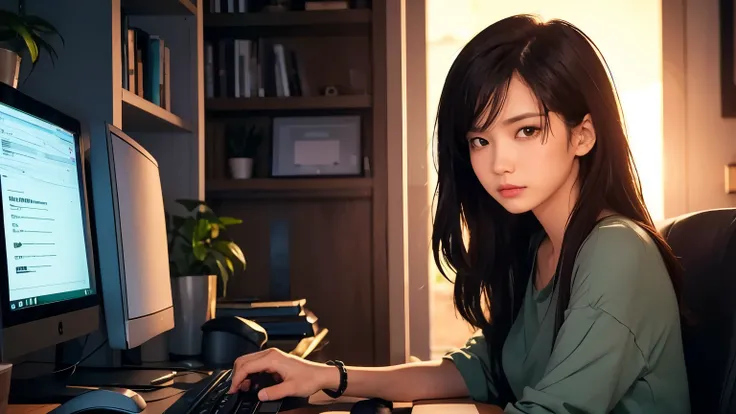 Concentrated, Straight long hair, Casual green top, bracelet, Sitting, Entering via keyboard, Look at your computer screen, Smooth Skin, Indoor office environment, Bookshelf and plants in the background, Soft warm lighting from the left, Modern and quiet a...