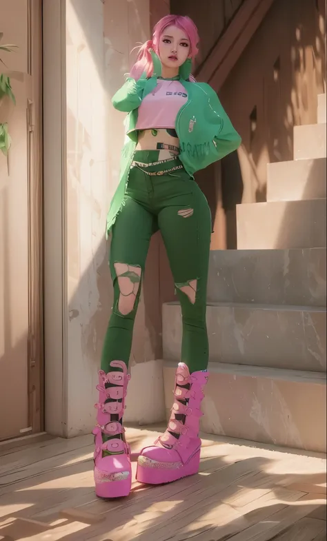 aVATAR SECOND LIFE Korean girl wearing green blouse,, pink  hair, pink  hair asiática, Perfect and detailed face, imvu, maximalist details, AVATAR SECOND LIFE Korean blusa ,, booties, jeans