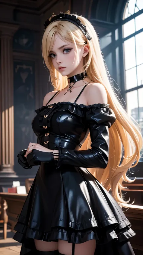 gothic lolita fashion, a beautiful girl with long blonde hair, cute, face forward, cyberpunk, choker, one-piece dress, arm cover...