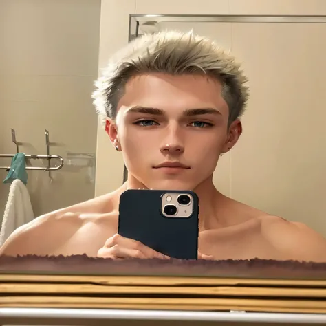 short, spiky platinum blonde hair, shirtless, holding a smartphone for a mirror selfie in a bathroom with towels hanging on hooks in the background, neutral lighting, casual atmosphere, front view angle, still image.