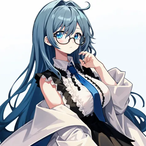 1girl, anime, light_blue_eyes, blue_short_messy_hair, asymmetrical_bangs, looking_up, looking_at_viewer, big_breasts, black_glasses, sleepy, white frilled dress, loose_black_necktie, white_background