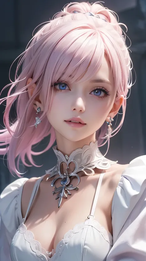 (masterpiece, Highest quality), Intricate details, thin, ((slim)), beautiful girl, Light pink hair, White skin, Light purple eyes, Sharp jawline, Cropped jacket, Messy Hair, lips, Upper Body, close, Grin, Gothic Lolita fashion, Choker, Arm Covers, Eye patc...