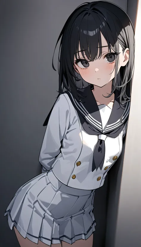 Highest quality、high resolution、8k、One girl、Black Hair、short、black and white sailor suit、Small breasts、White uniform skirt、Dark circles under the eyes、Black eyes without highlights、Dark Room、Leaning against the wall