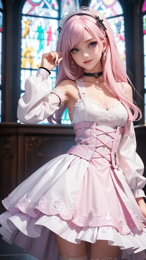 (masterpiece, Highest quality), Intricate details, thin, ((slim)), beautiful girl, Light pink hair, White skin, Light purple eyes, Sharp jawline, Cropped jacket, Messy Hair, lips, Upper Body, close, Grin, Gothic Lolita fashion, Choker, Arm Covers, Eye patc...