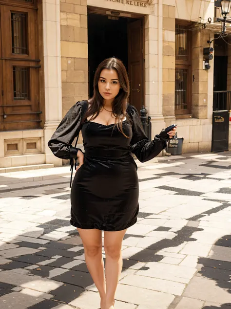 A curvy girl in a black velvet dress stands on the street, facade of a stone brown building, beautiful london lanterns