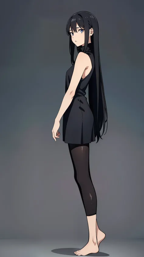 (1girl, 15 years), solo, innocent face, black hair, long hair, black short dress, sleeveless, bare shoulders, hair between eyes, parted lips, leggings, barefoot, turtleneck, full body, from side,(simple background,white background)