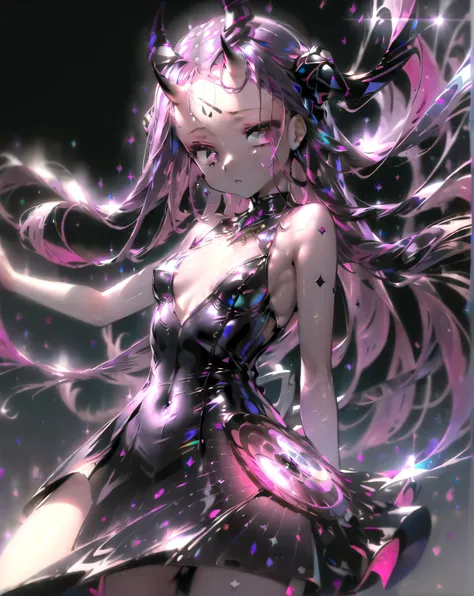 (((masterpiece))), (((best quality))), absurdres, ((ultradetailed)),1girl, solo, long purple hair, pink eyes, ((skin-covered forehead horns)), black transparent holographic dress, elegant mini-dress, small breasts, (black background), light particles, nigh...