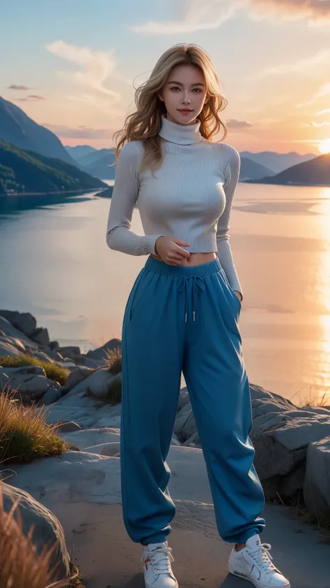 a gorgeous European blonde woman, age 18, wavy hair, subtle smile, flirting with camera, Shes standing upright on the edge of a cliff, with a stunning view of a Norwegian fjord below, (she’s wearing a turtleneck sweater, dark thighs pants, sneakers:1.2), i...