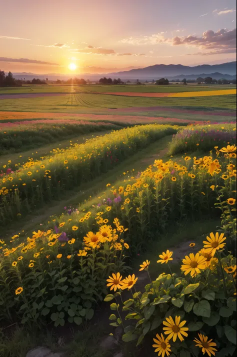 Field of wild flowers at sunset, floral flowers colorful, high resolution, panoramic image, beautiful picture