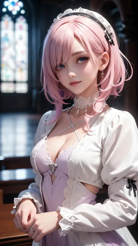 (masterpiece, Highest quality), Intricate details, thin, ((slim)), beautiful girl, Light pink hair, White skin, Light purple eyes, Sharp jawline, Cropped jacket, Messy Hair, lips, Upper Body, close, Grin, Gothic Lolita fashion, Choker, Arm Covers, Eye patc...