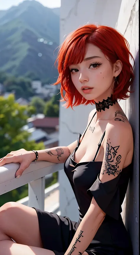 arafed woman with tattoos sitting on a ledge in a black dress, inked, with tattoos, photo of a beautiful woman, androgynous person, Beautiful androgynous girl, of taiwanese girl with tattoos, John shouted, Tattooed, she is wearing a black off shoulder dres...