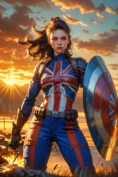 Captain Carter in her iconic Union Jack suit, standing heroically on a battlefield, shield raised, glowing with energy. The backdrop showcases a war-torn landscape with rays of sunlight breaking through the clouds, illuminating her figure. Muscular and con...