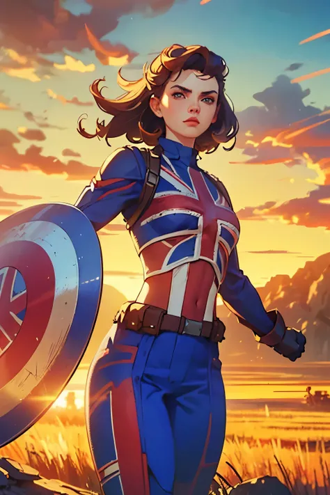 Captain Carter in her iconic Union Jack suit, standing heroically on a battlefield, shield raised, glowing with energy. The backdrop showcases a war-torn landscape with rays of sunlight breaking through the clouds, illuminating her figure. Muscular and con...