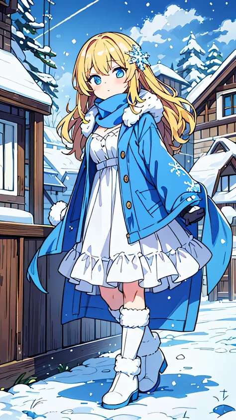 a woman in a snowy village, flurries, cloudy sky, modest breasts, long wool-lined dress snowflake pattern, fluffy winter coat, white stockings, white boots, blue mittens, blue scarf, wavy blonde hair, blue eyes