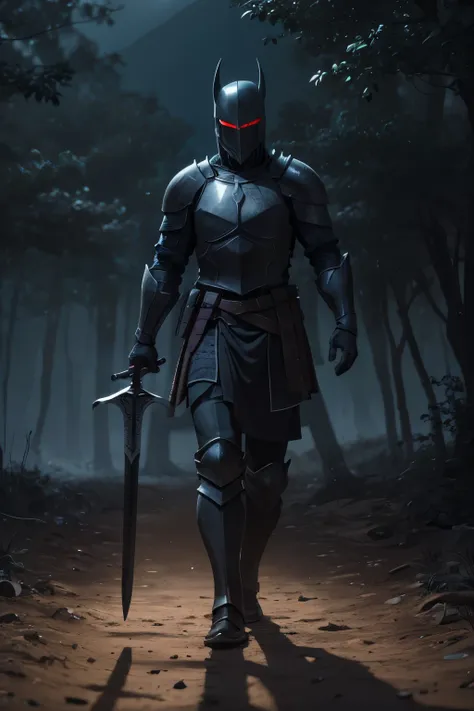 imagine a dark knight, encased in sleek black armor, with glowing red eyes that stand out in the darkness. he walks slowly along...