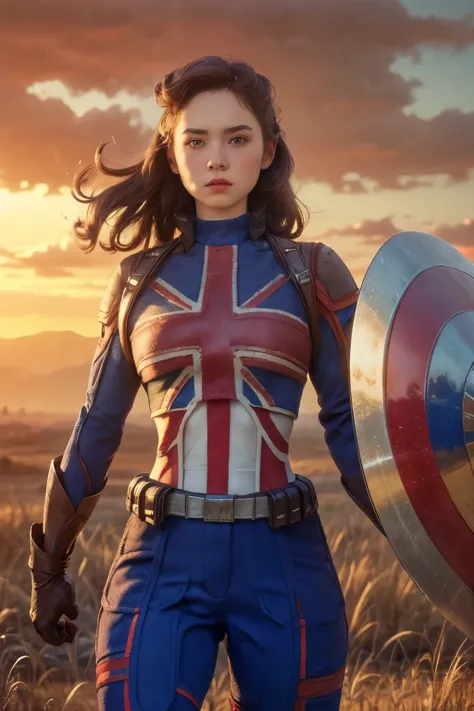 Captain Carter in her iconic Union Jack suit, standing heroically on a battlefield, shield raised, glowing with energy. The backdrop showcases a war-torn landscape with rays of sunlight breaking through the clouds, illuminating her figure. Muscular and con...
