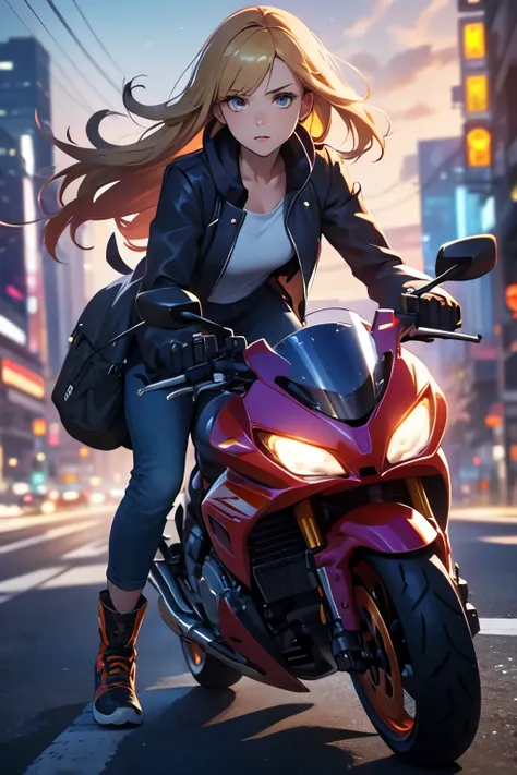 a woman takes a corner on a motorcycle, no helmet, long blonde hair flying, a beautiful woman, a lovely expression, a public roa...