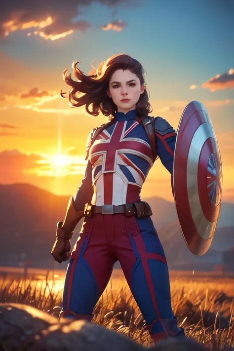 Captain Carter in her iconic Union Jack suit, standing heroically on a battlefield, shield raised, glowing with energy. The backdrop showcases a war-torn landscape with rays of sunlight breaking through the clouds, illuminating her figure. Muscular and con...