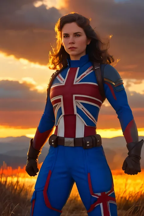 Captain Carter in her iconic Union Jack suit, standing heroically on a battlefield, shield raised, glowing with energy. The backdrop showcases a war-torn landscape with rays of sunlight breaking through the clouds, illuminating her figure. Muscular and con...