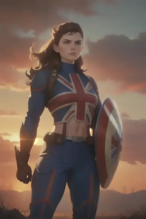 Captain Carter in her iconic Union Jack suit, standing heroically on a battlefield, shield raised, glowing with energy. The backdrop showcases a war-torn landscape with rays of sunlight breaking through the clouds, illuminating her figure. Muscular and con...