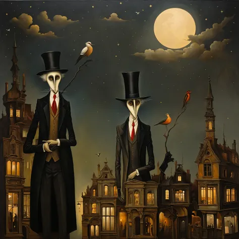 oil painting stylized as leonora carrington, michael parkes, esao andrews and dave mckean, two individuals stand side by side, b...