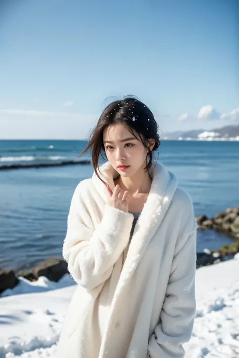 ( best quality, masterpiece, ultra high res, photorealistic:1.4, RAW photo:1.2), beautiful half russia-chinese woman, 23yo, heart face shape, short hair,(melancholy winter snow:1.4), Warm sun,cape,A place where you can see the ocean,A little snow dancing o...