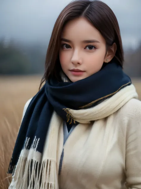 8K, best quality, masterpiece, realistic, ultra detail, photo realistic, Increase quality, a photo of a girl standing in a field with a scarf, in the style of dark and brooding designer, voluminous mass, photobash, serene faces, jagged edges, navy, natural...