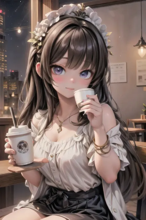 best quality, masterpiece, goddess drinking coffee at a coffe shop, night coffee shop,