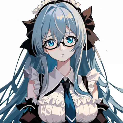 1girl, anime, light_blue_eyes, blue_short_messy_hair, asymmetrical_bangs, looking_up, looking_at_viewer, big_breasts, black_glasses, sleepy, white frilled dress, loose_black_necktie, white_background